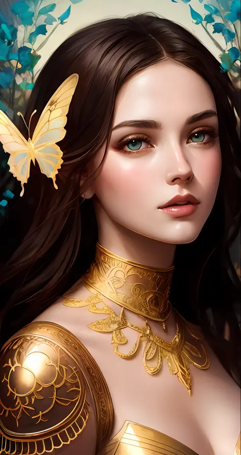 8k portrait of beautiful cyborg with brown hair, intricate, elegant, highly detailed, majestic, digital photography, art by artgerm and ruan jia and greg rutkowski surreal painting gold butterfly filigree, broken glass, (masterpiece, sidelighting, finely d...