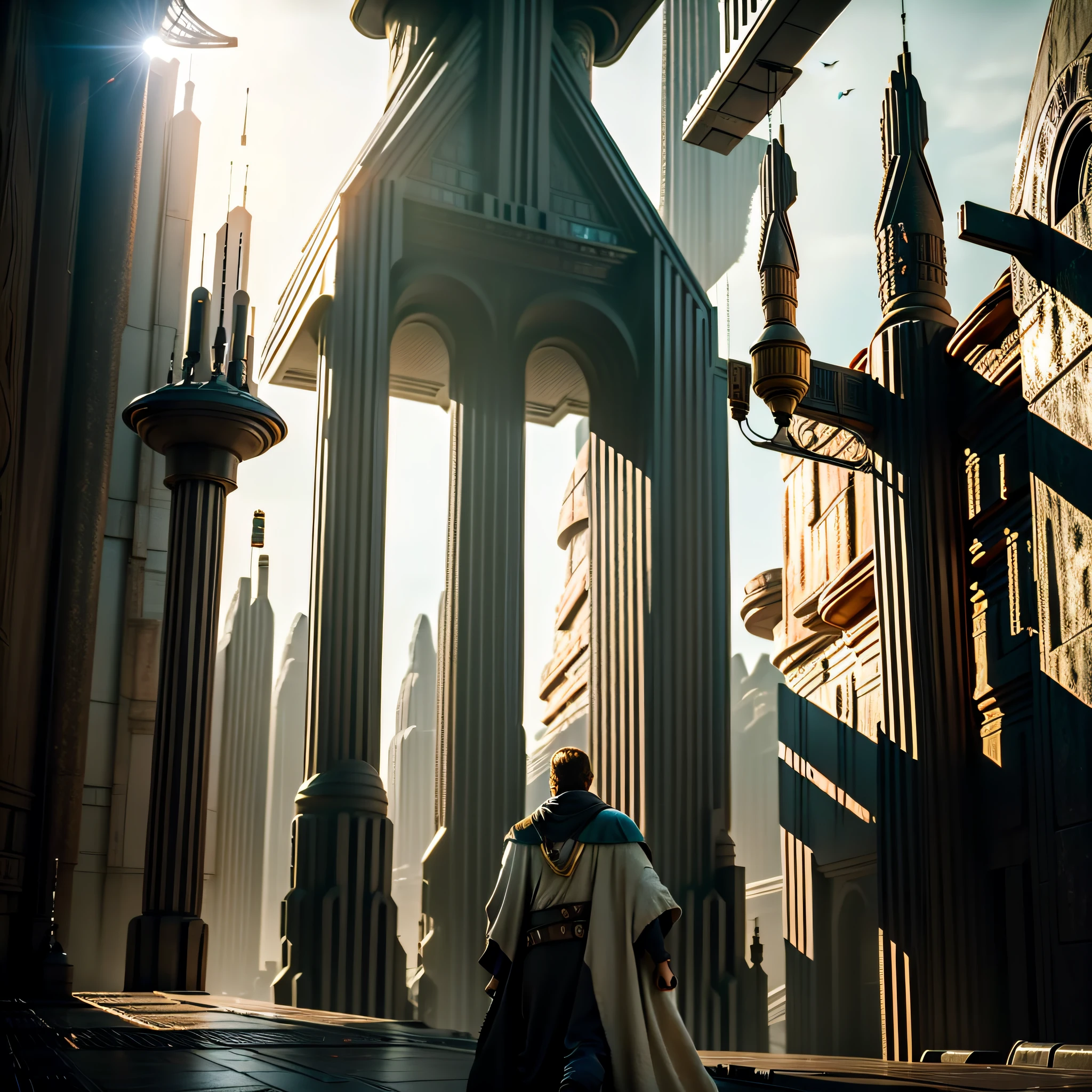 (obijuan kenobi:(1.1)) ha llegado al palacio jedi rodeado de impresionantes edificios en la ciudad de Coruscant. Ships fly in the distance as he ventures into the majestic halls of the Jedi Temple.