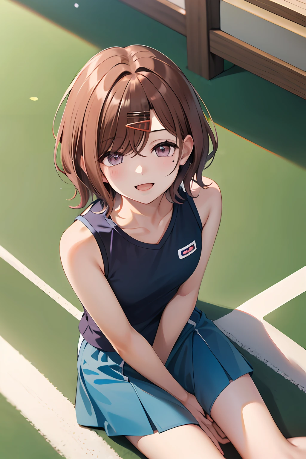 beste Quality, Hi-Res, 1girl, higuchi madoka, Brown hair, mole under the eye, hairornaments, hair clips, short-hair, bangs, violet colored eyes, Watching from above, thights, Sorrisos, hotel、Tennis Wear、pantiy