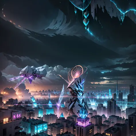The ancient Divine Dragon Armor Mech stood on the top of the mountain，Bird's eye view of the city。The tall and mighty mech is shining gold，High-rise buildings and roads crisscross the city,Busy city,White is the main color，Match bright decorative colors su...
