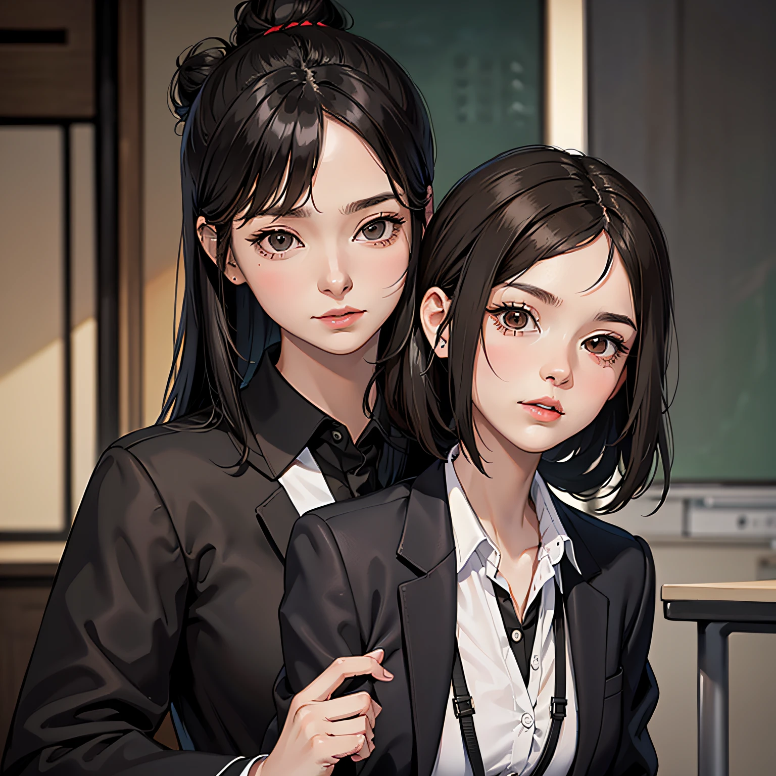 feminine features：Young age、Petite figure、Long straight black hair、brown-eyed、Smiling expression Women wearing professional attire，Dark gray skirt and suit jacket。 Warm eyes，With a happy smile 2k --auto