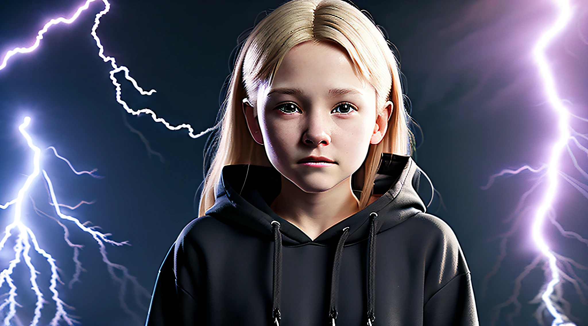 12 year old blonde girl, a portrait, wearing a black hoodie and letting out lightning bolts with her fingers, real UHD, real life, masterpiece, ccurate, textured skin, super detail, best quality, high quality, high details, 4K