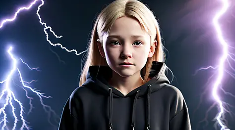 12 year old blonde girl, a portrait, wearing a black hoodie and letting out lightning bolts with her fingers, real uhd, real lif...