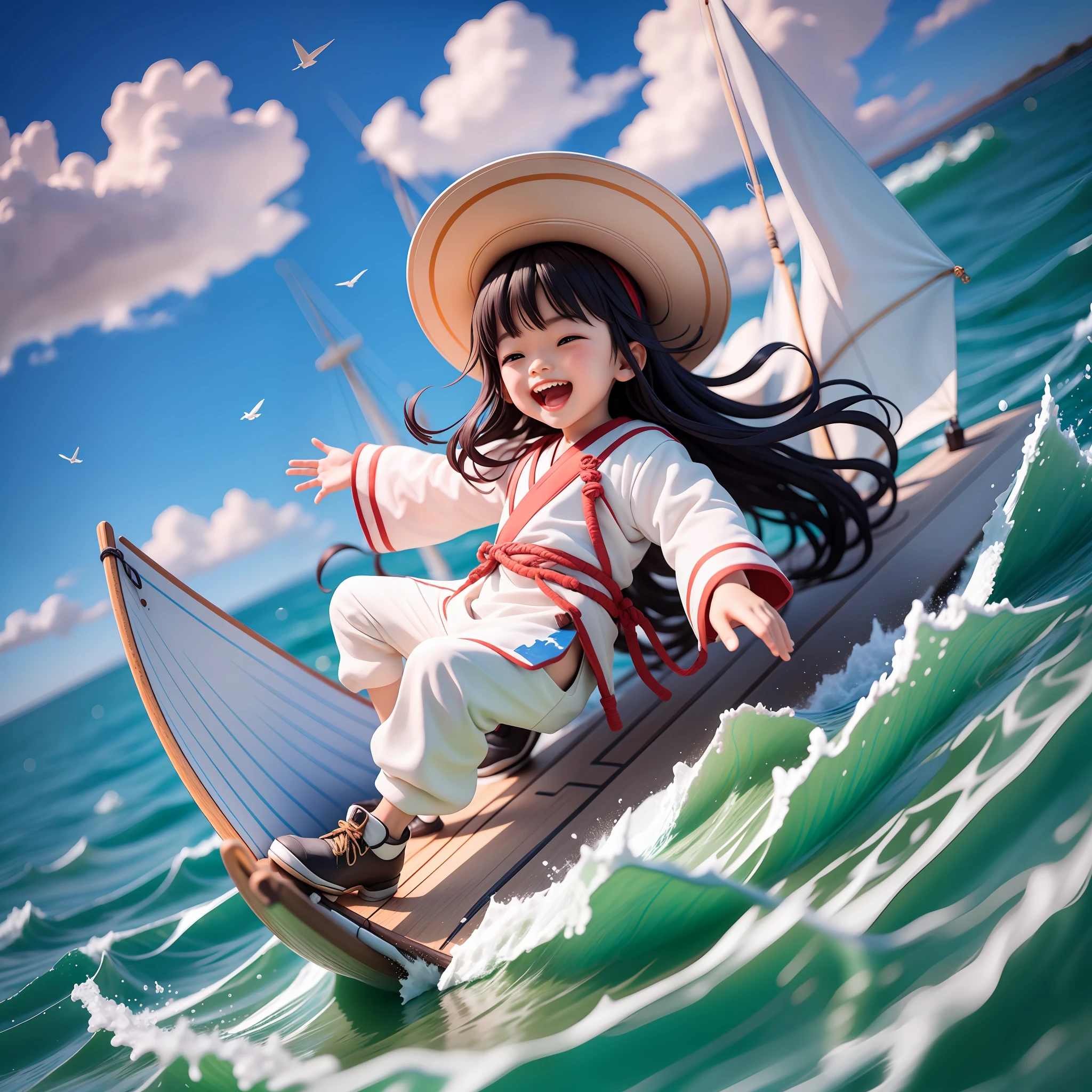 1 Junge：1.3，Ein vierjähriger Junge surft auf einem Segelboot auf dem Meer，Segelschiff：1.3，blaues Meer：1.3，schwarze lange Haare，Weiße Kleidung flattert，Hanfu，öffne deinen Mund und lache，Ganzkörper，Chibi T-Shi