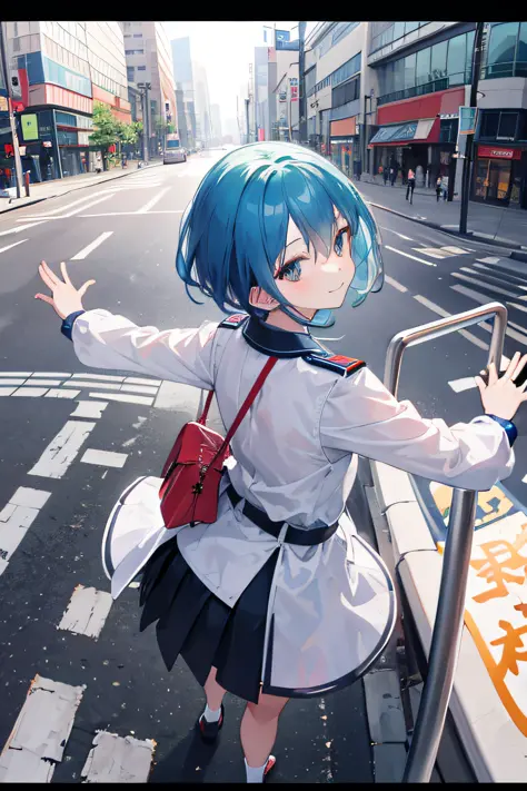 Anime-style girl，Scramble crossing in Tokyo，There is no one but one girl，Morning dim time，She turned around and smiled.、Arms are stretched.，She is beautifully dressed in uniform，She is a cute young student，View Tokyo's scramble crossing and Tokyo 109 from ...