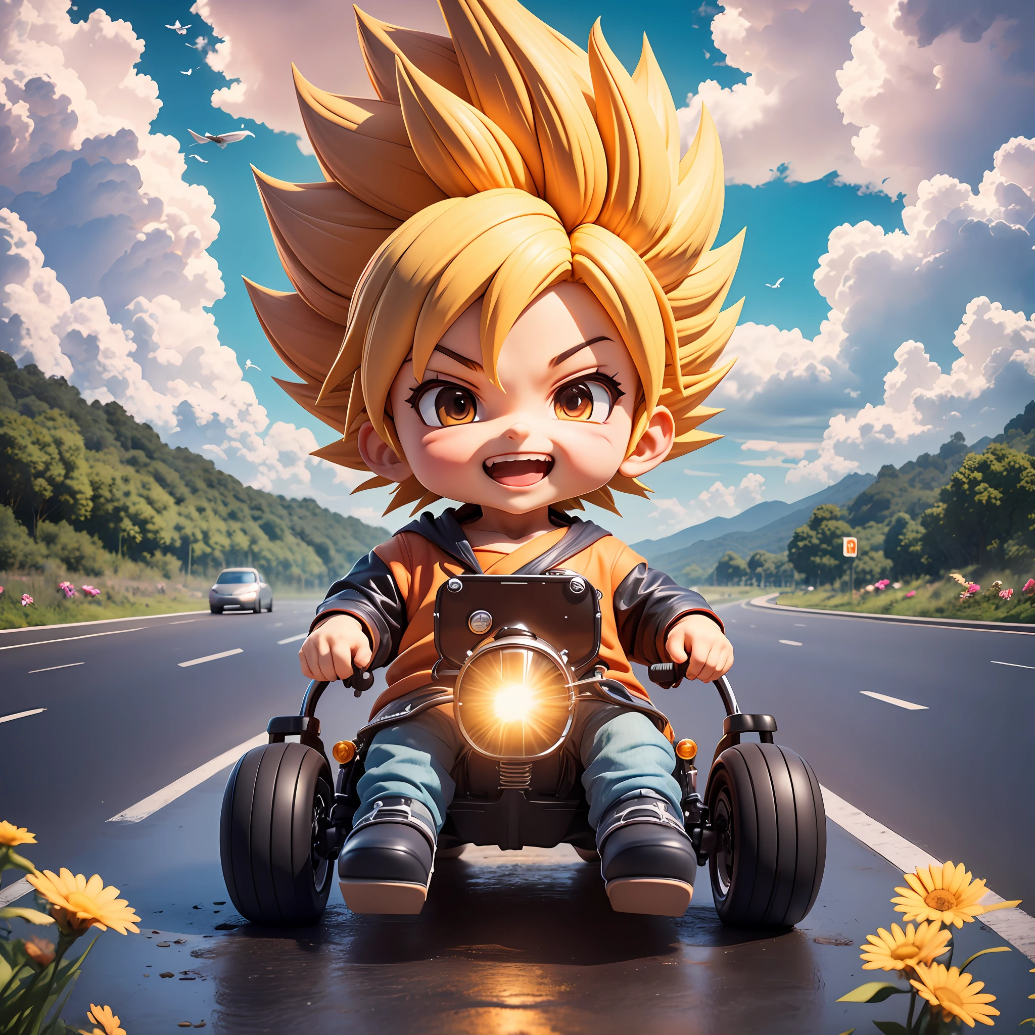 rains，Clouds，sunrays，highway，Little boy driving a car，son goku，SuperSaiyan，big laughter，Spiked hairstyle，Flowers，yama，kali，The bird，full full body，Rich colors，chibi