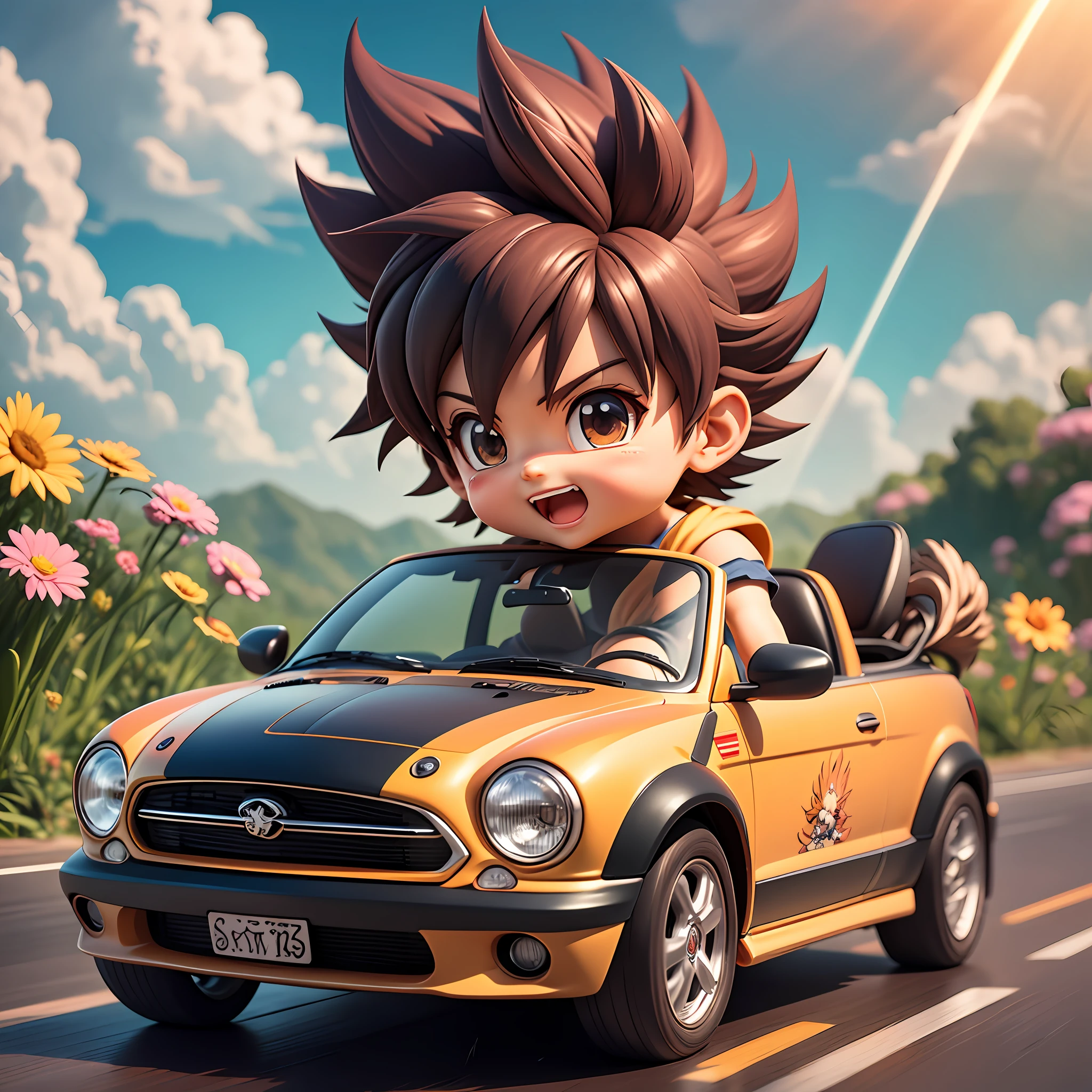 rains，Clouds，sunrays，highway，Little boy driving a convertible，son goku，SuperSaiyan，big laughter，Spiked hairstyle，Flowers，yama，kali，The bird，Rich colors，The Masterpiece，chibi，full body