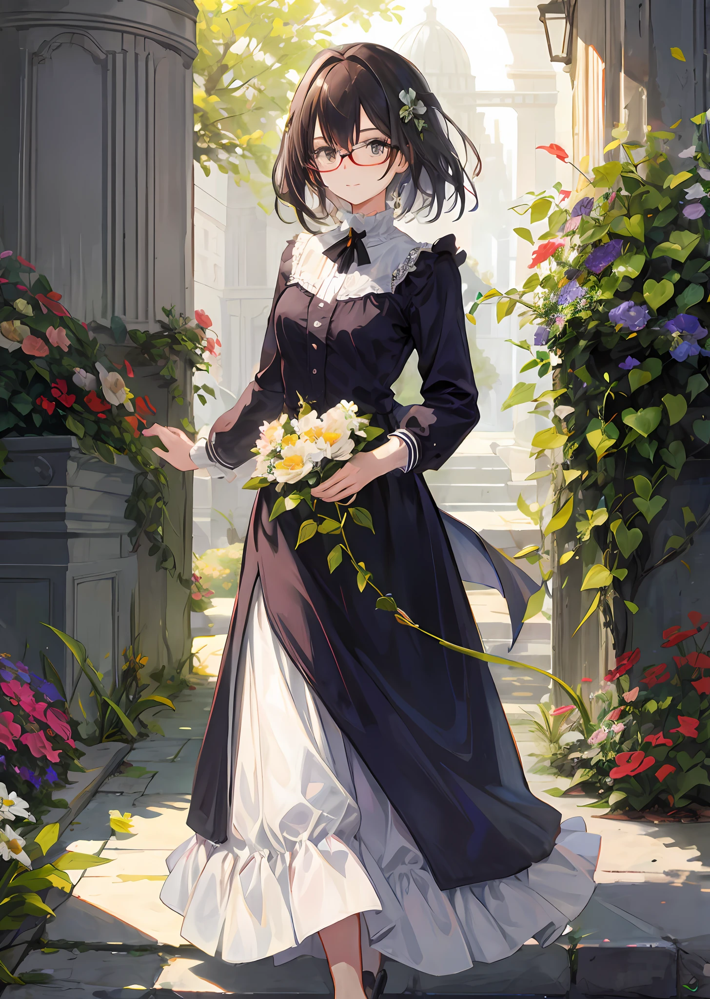 a  girl，eye glass，long full skirt，Flower Garden，pillar