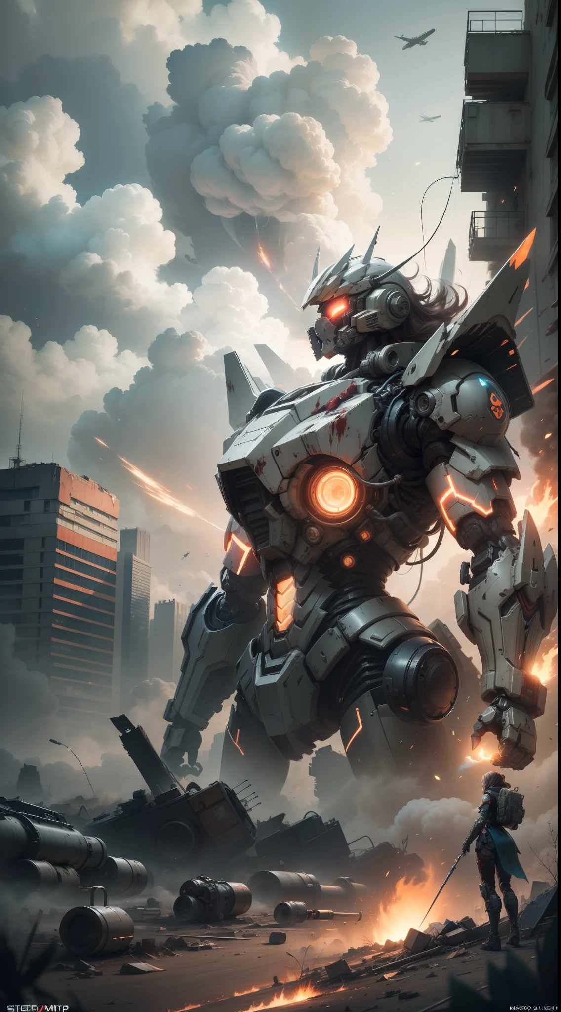 Look up at the perspective，（Digital artwork：1.3），Octane rendering，Wasteland，Swirling thick clouds，smog，Flying machines in the sky fierce battle，weed，Dilapidated houses，macadam，Sunset，in crimson red，（（（A girl in a combat uniform stood on top of the badly damaged and broken mech head））），（（The girl's long messy hair fluttered，Blood，Close up of a）），（Stubborn），（Steadfast），（There is blood at the corner of the mouth），（Messy long hair flying），（The mech was spattered with blood），（Mars splashes），（（Broken upper body mech，Dropped mech fragments）），（Exposed wireecha is depicted finely）），（（（ultra fine））），Shoot at 8K resolution，Gasoline liquid，firelight，Missiles streaked across the sky，weedacadam，exploding，splash arts，（（Dynamic speed lines：1.2）），Lithography in intricate details，dongh（Light particles：1.2），（game concept：1.3），（deep of field:1.3),Global illumination,well detailed，Trends on ArtStation，Epic shooting，Cinematic lighting