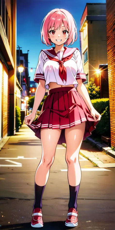 masterpiece,1girl,outdoor,pink hair,short hair,red eyes,serafuku,(skirt lift:1.4),panty peek,grin,looking skirt