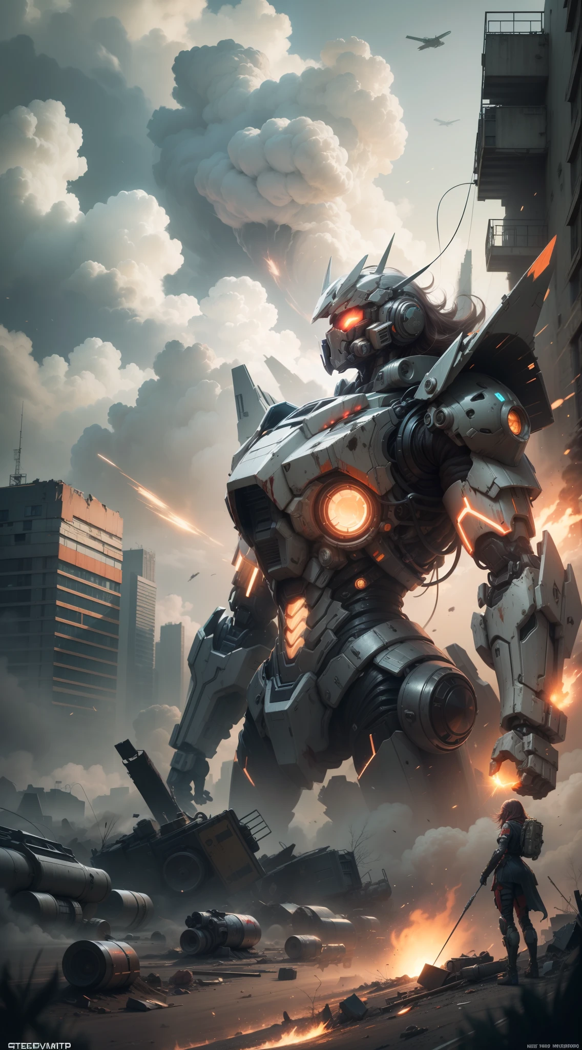 Look up at the perspective，（Digital artwork：1.3），Octane rendering，Wasteland，Swirling thick clouds，smog，Flying machines in the sky fierce battle，weed，Dilapidated houses，macadam，Sunset，in crimson red，（（（A girl in a combat uniform stood on top of the badly damaged and broken mech head））），（（The girl's long messy hair fluttered，Blood，Close up of a）），（Stubborn），（Steadfast），（There is blood at the corner of the mouth），（Messy long hair flying），（The mech was spattered with blood），（Mars splashes），（（Broken upper body mech，Dropped mech fragments）），（Exposed wires），（（Mecha is depicted finely）），（（（ultra fine））），Shoot at 8K resolution，Gasoline liquid，firelight，Missiles streaked across the sky，weeds，macadam，exploding，splash arts，（（Dynamic speed lines：1.2）），Lithography in intricate details，dongh（Light particles：1.2），（game concept：1.3），（deep of field:1.3),Global illumination,well detailed，Trends on ArtStation，Epic shooting，Cinematic lighting