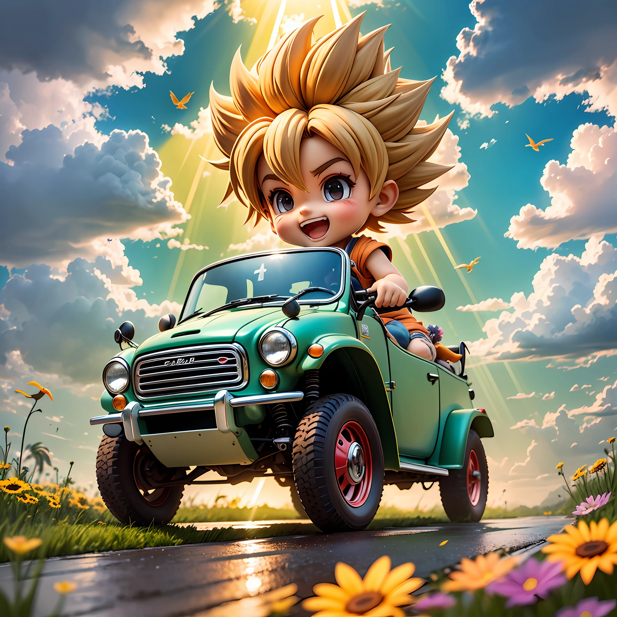 rains，Clouds，sunrays，highway，Little boy who opens an open-top buggy，son goku，SuperSaiyan，big laughter，Spiked hairstyle，Flowers，yama，kali，The bird，Rich colors，The Masterpiece，chibi，full body