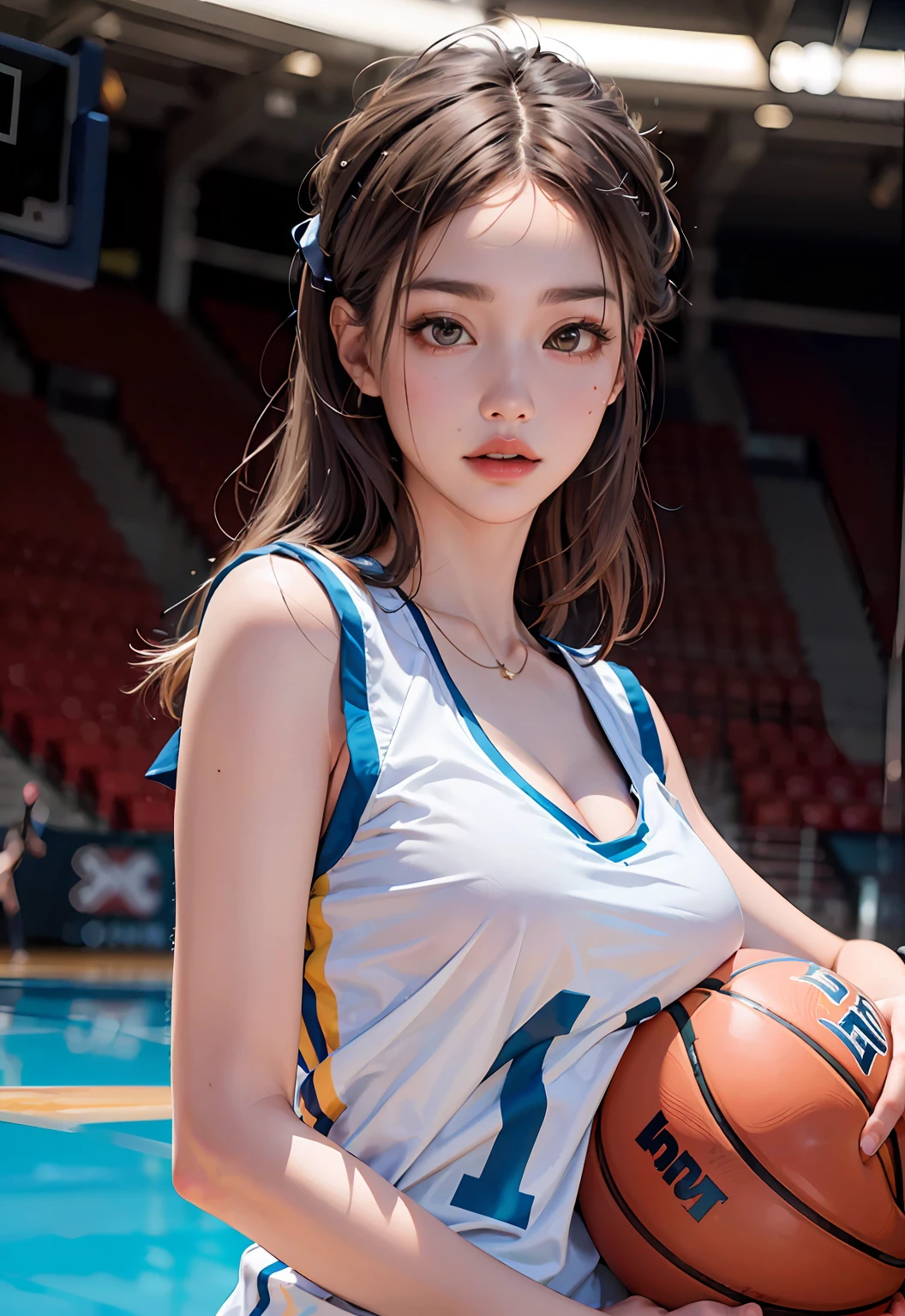 (8k, RAW photo, best quality, masterpiece:1.2), (realistic, photo-realistic:1.4), illustration, highres,hexagon,(1girl), gorgeous, rough skin, (oval face:1.1), professional lighting, photon mapping, radiosity, physically-based rendering, cute,
wear basketball uniform, large breast, ((cleavage)), at  basketball court, pureerosface_v1:0.3