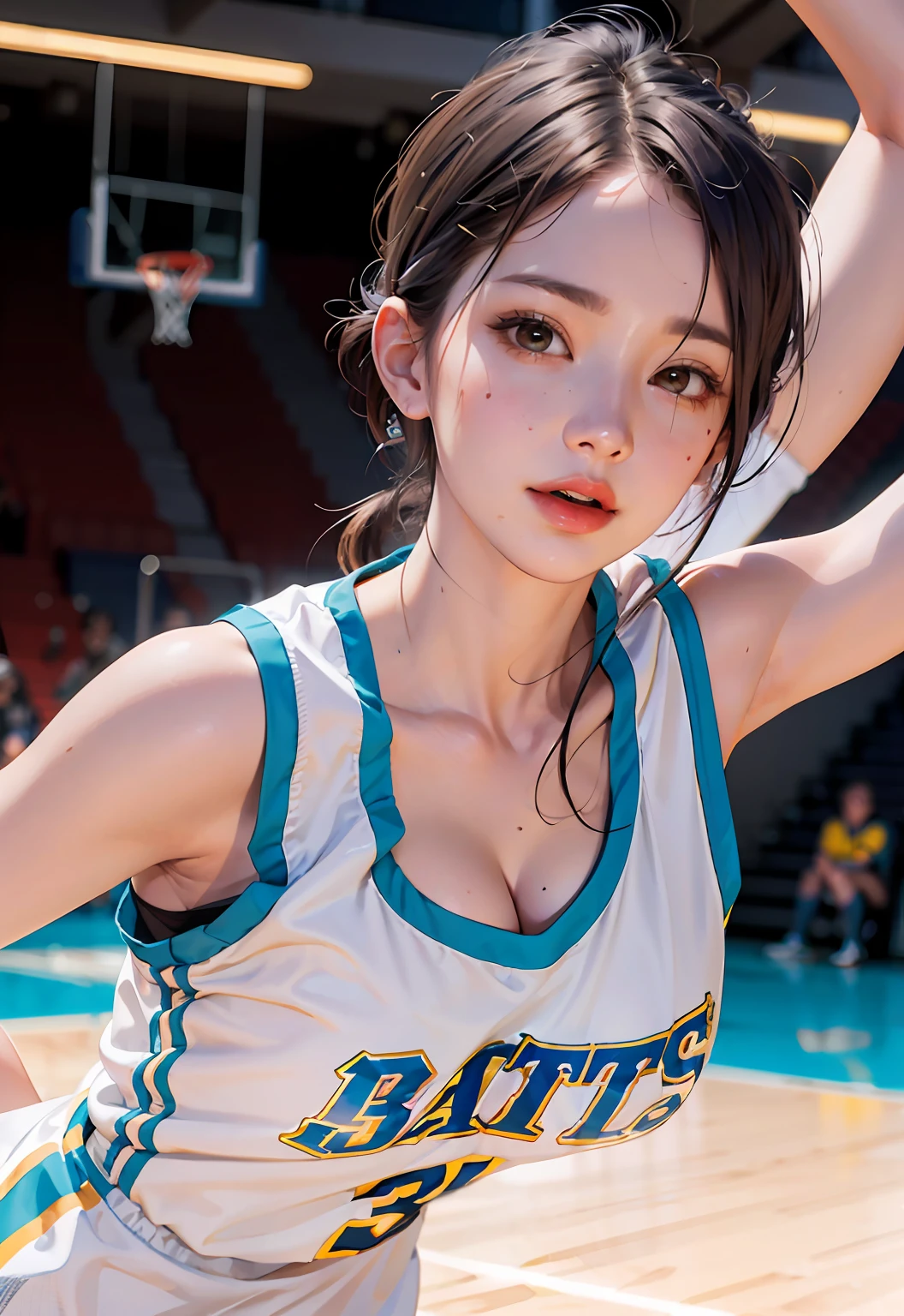 (8k, RAW photo, best quality, masterpiece:1.2), (realistic, photo-realistic:1.4), illustration, highres,hexagon,(1girl), gorgeous, rough skin, (oval face:1.1), professional lighting, photon mapping, radiosity, physically-based rendering, cute,
wear basketball uniform, large breast, ((cleavage)), at  basketball court, pureerosface_v1:0.3