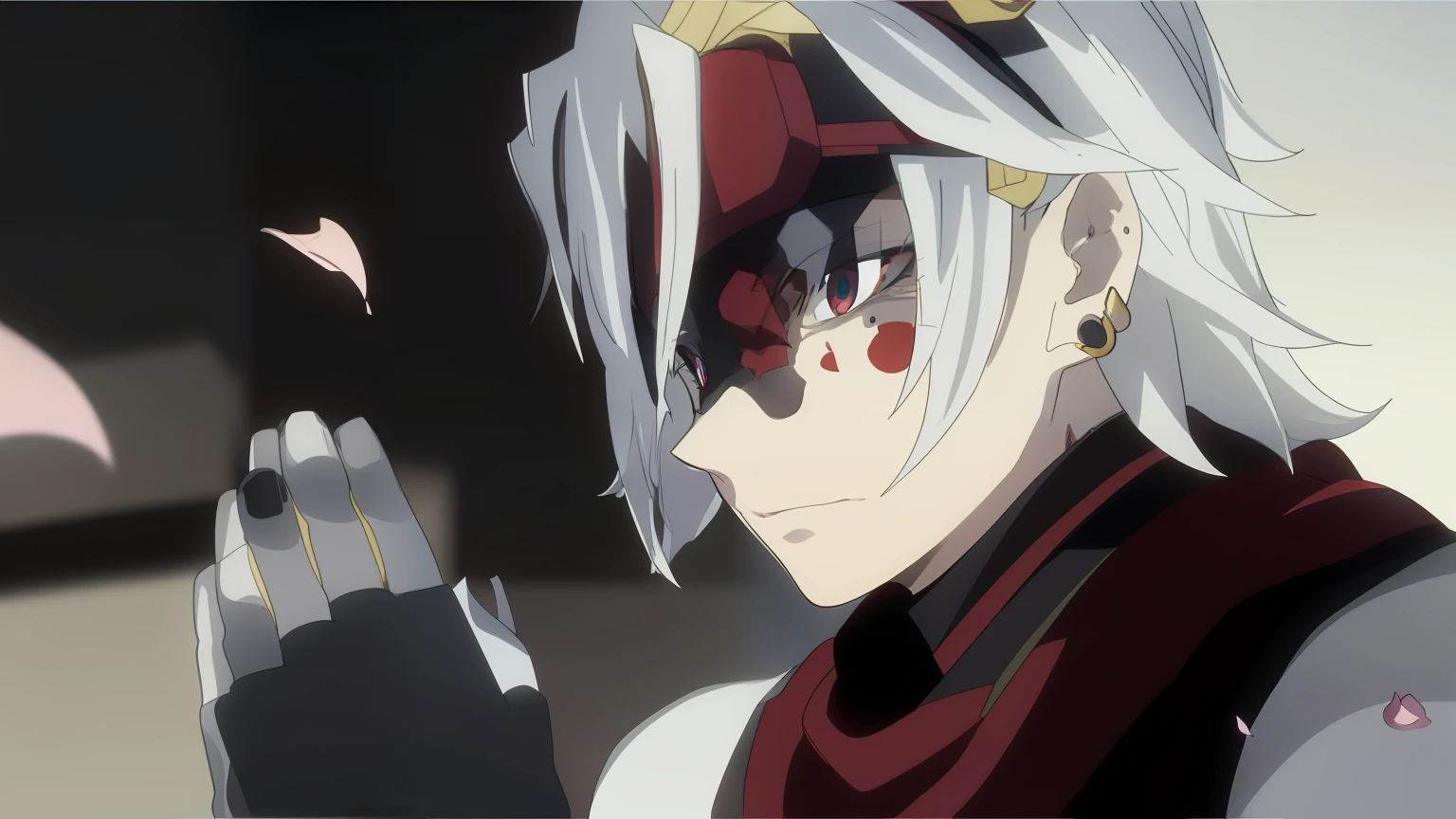 anime character with white hair and red face paint holding a finger, white haired deity, today's featured anime still, sakura petals around her, animated still, screenshot from a 2012s anime, nagito komaeda, handsome guy in demon slayer art, still from tv anime, screenshot from guro anime, xqc, onmyoji portrait，tattooed，ear ring，ring --auto