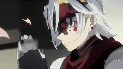 anime character with white hair and red face paint holding a finger, white haired deity, today's featured anime still, sakura petals around her, animated still, screenshot from a 2012s anime, nagito komaeda, handsome guy in demon slayer art, still from tv ...