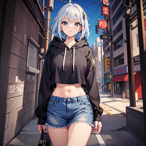 Girl standing on cyberpunk cityscape、Perfect appearance、ponie tail、Silver hair、Delicate eyes、Beautiful eyes、dual、Cyber Jacket、Black hoodie、shortpants、Leather handbags、Wearing headphones around your neck、soio、Leg Crossing