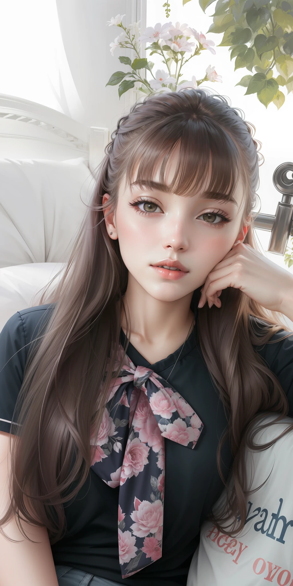 Sleeping girl, 22 years old, realistic, she is wearing long pants, she is wearing pink pajama, brown hair.