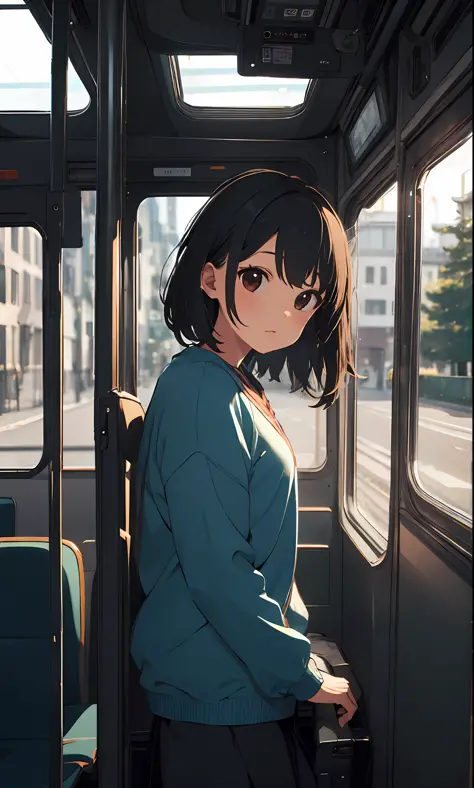 One girl, looking out at the scenery from inside the bus