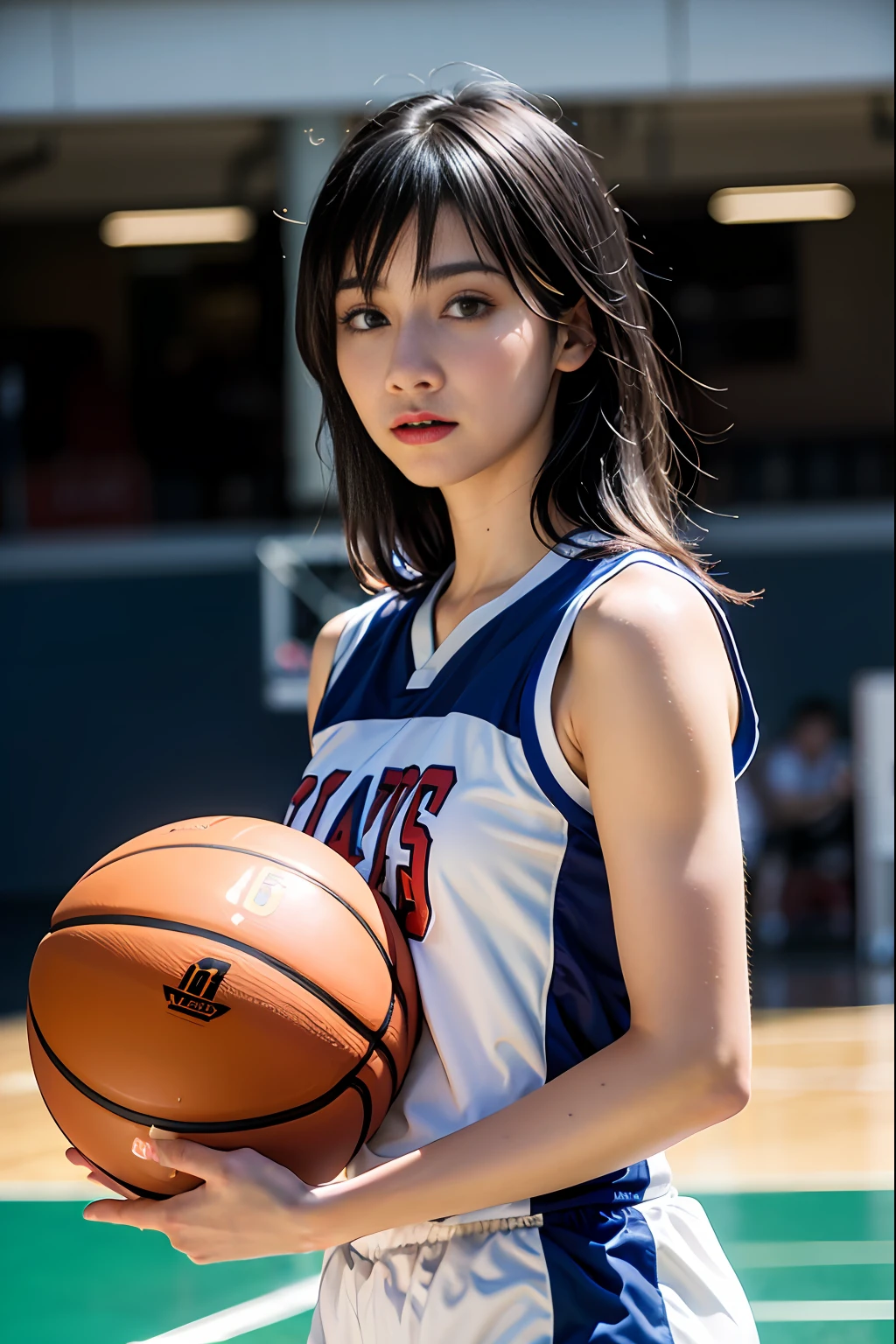 (8k, Best Quality, Masterpiece: 1.2), (Realistic, Photorealistic: 1.37), Super Detailed, Best Quality, Super High Resolution, Professional Lighting, Photon Mapping, Radiosity, Physically Based Rendering, Cinematic Lighting , basketball court, depth of field, focus, sun rays, good composition, (bokeh: 1.2), 1 girl, (whole body), (closed mouth), beautiful eyes, pose, constriction, basketball uniform, black hair , messy hair, long hair blowing in the wind,(ulzzang-6500:1.2) mix4, hiqcgbody