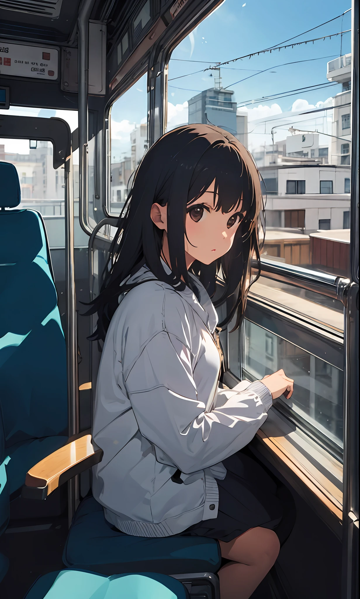 One girl, looking out at the scenery from inside the bus