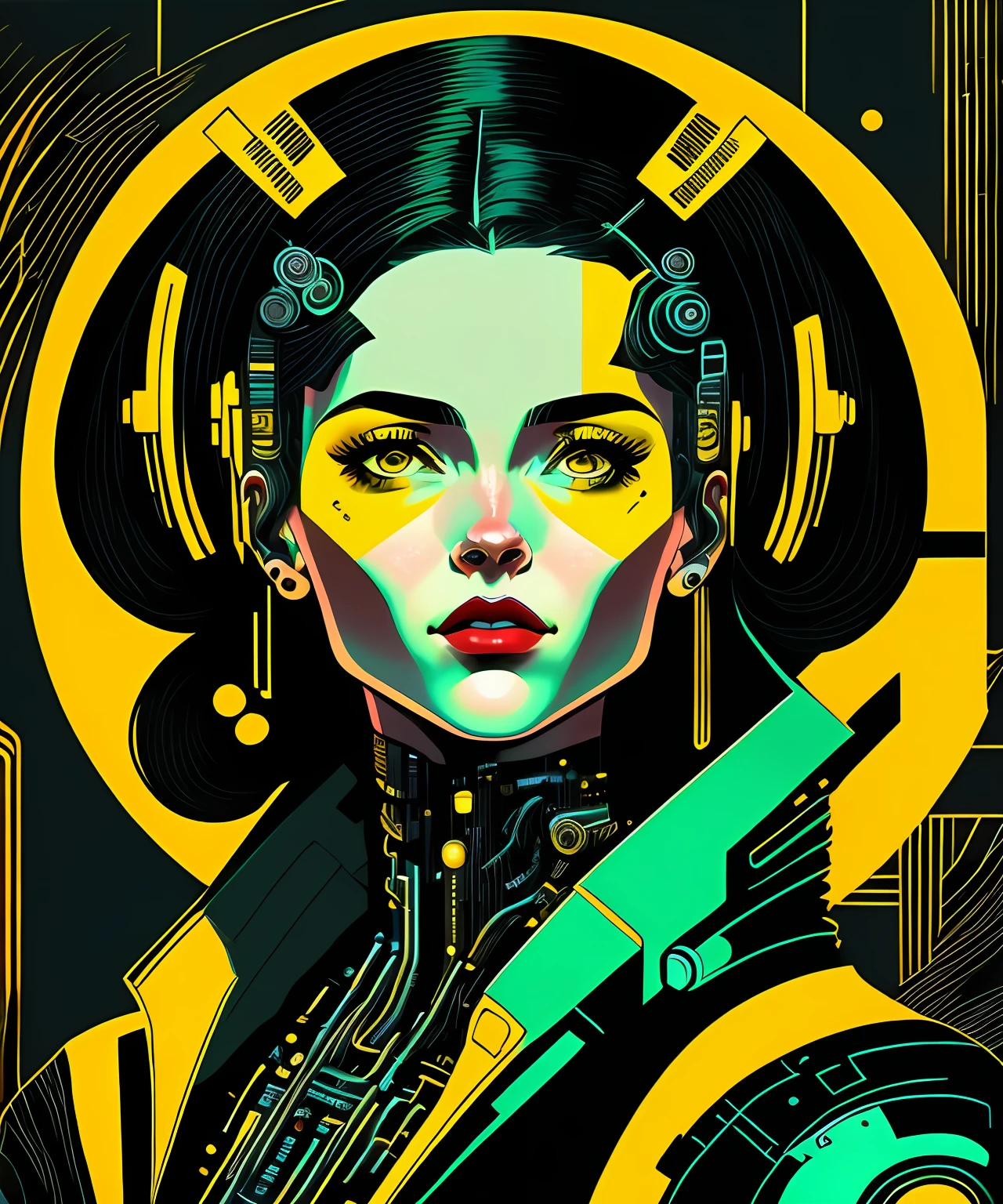 (masterpiece, 4k ,ultra detailed,raw photo:1.2),illustration,
(1woman:1),
(simple background:black and yellow background1.4),
(symmetry:1.2),
(art deco:1.4),
(retro-futuristic:1.4),
(minimalism:1.4),
(clean:1.4),
(flat_color:1.4),
(cyberpunk,android:1.4),
CCDDA Artstyle