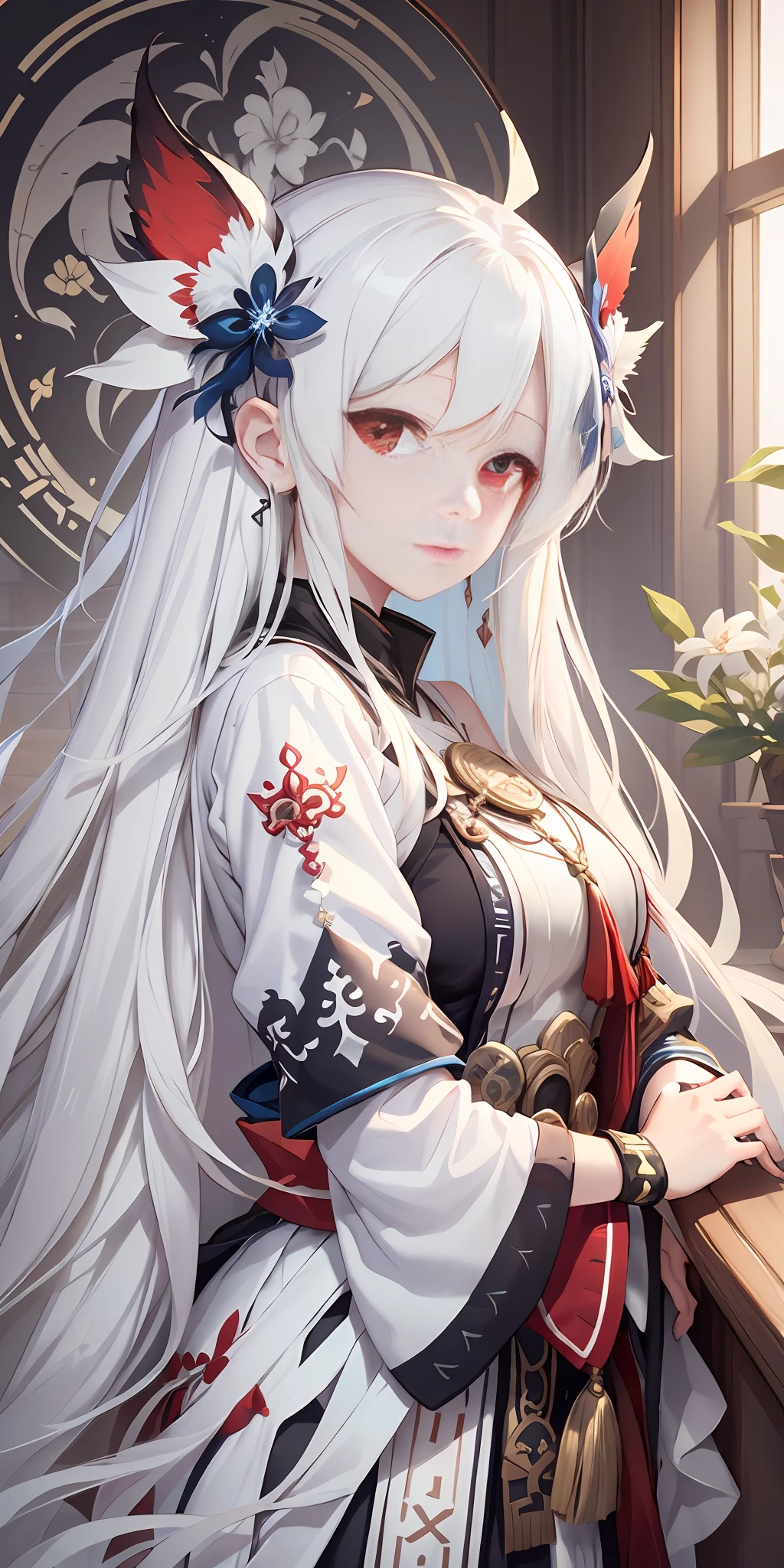 anime girl with long white hair and red eyes posing in front of a window, white haired deity, onmyoji, onmyoji portrait, onmyoji detailed art, from girls frontline, fine details. girls frontline, anime goddess, seductive anime girl, white haired, perfect white haired girl, white haired lady, white-haired, tifa lockhart with white hair