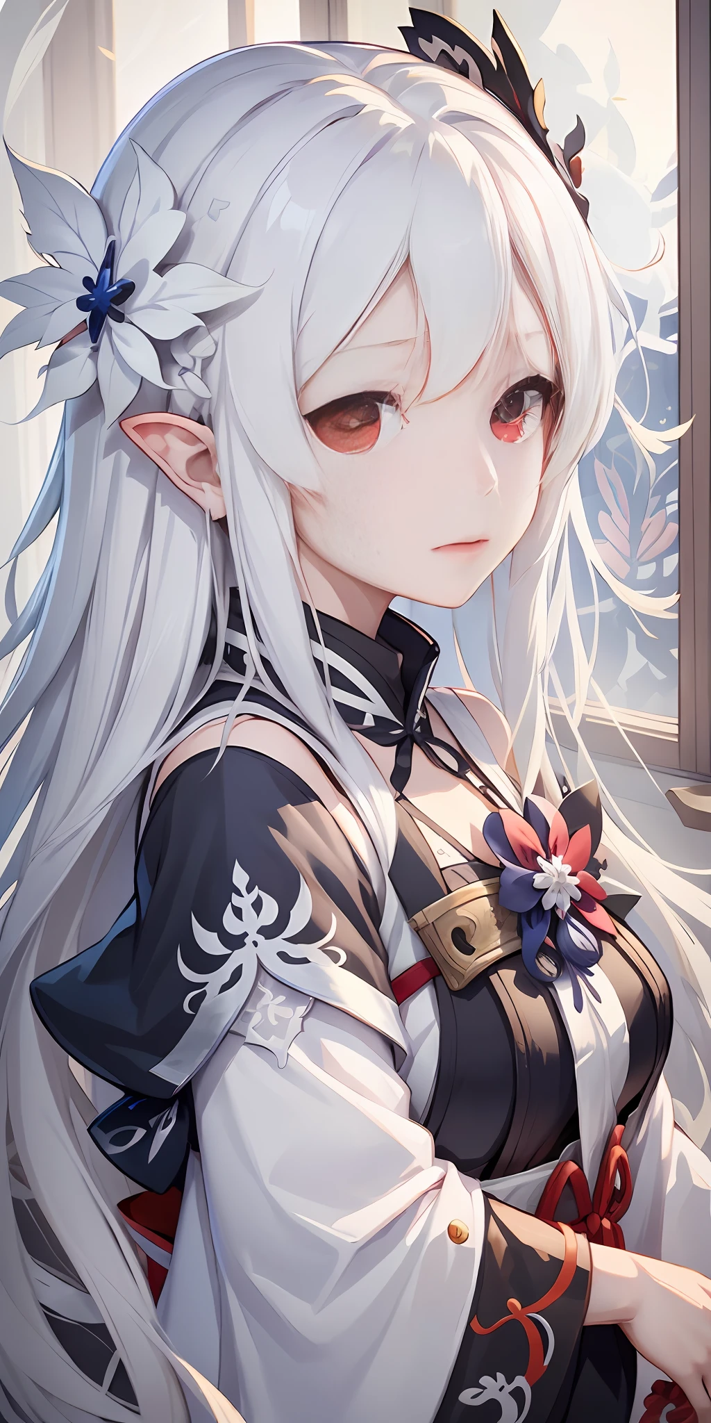 anime girl with long white hair and red eyes posing in front of a window, white haired deity, onmyoji, onmyoji portrait, onmyoji detailed art, from girls frontline, fine details. girls frontline, anime goddess, seductive anime girl, white haired, perfect white haired girl, white haired lady, white-haired, tifa lockhart with white hair