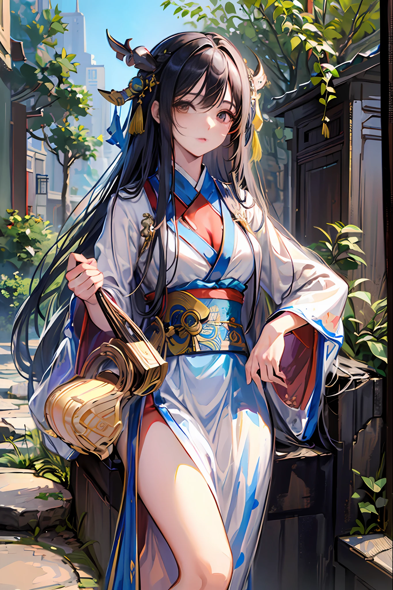 (masterpiece:1.5),(best quality:1.5),(ultra-detailed:1.5),illustration,cowboy shot,1girl,solo,(buildings),perfect face,lustrous skin,long hair,beautiful detailed eyes,beautiful flowing hair,(ru_qun:1.5),(hanfu:1.5),chinese clothes, white dress,white thighhighs, (bloom),lighting, ray tracing,outdoors,  mountains, nature,hair ornament, hair ribbon,hand on hip,looking at viewer,ahoge,large breasts, (deep depth of field:1.5),hair ornament, forest,barefoot sandals