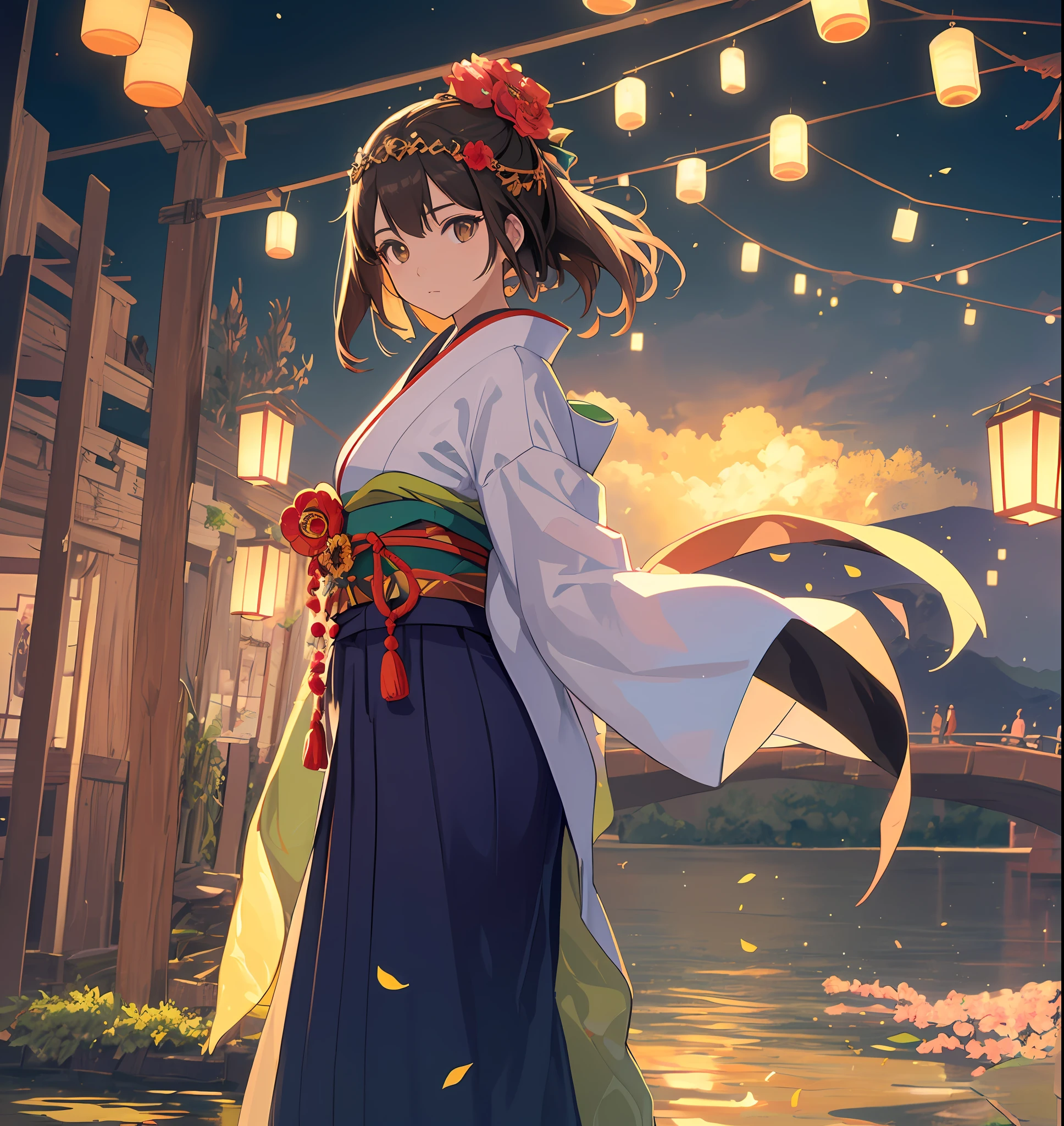 Generate a breathtaking 3D image in the style of MJ3D and Ghibli, inspired by the character 'Spirited Away' (Sen/Chihiro) from the renowned Studio Ghibli film. The image should portray a young girl with long brown hair, adorned with a floral circlet. She is wearing a traditional Japanese kimono with intricate patterns and vibrant colors. The kimono has billowing sleeves and is cinched at the waist with an elegant obi. The girl has soft, gentle features with warm brown eyes and a serene expression. Her hair is partially tied back, with loose strands framing her face. She is standing near a flowing river in a magical world, surrounded by floating lanterns and ethereal creatures. The scene is set during twilight, with a soft, golden glow illuminating the landscape. The image should capture the girl's sense of wonder and curiosity as she gazes at the enchanting surroundings. The level of detail and realism should be of the highest caliber, akin to a true masterpiece (best quality: 1.1)