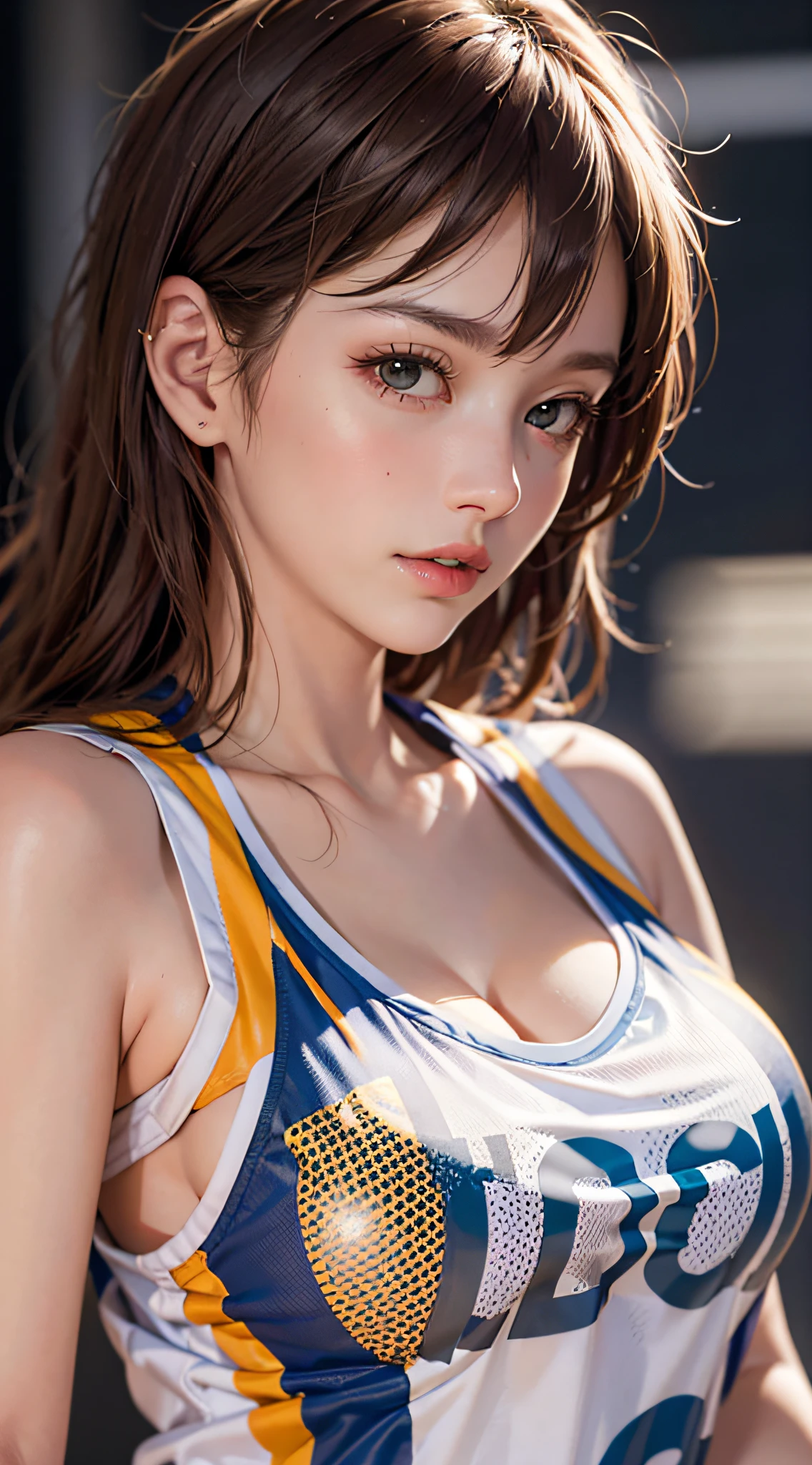 (8k, RAW photo, best quality, masterpiece:1.2), (realistic, photo-realistic:1.4), illustration, highres,hexagon,(1girl), gorgeous, rough skin, (oval face:1.1), professional lighting, photon mapping, radiosity, physically-based rendering, cute,
wear basketball uniform, large breast, ((cleavage)), at  basketball court, pureerosface_v1:0.3