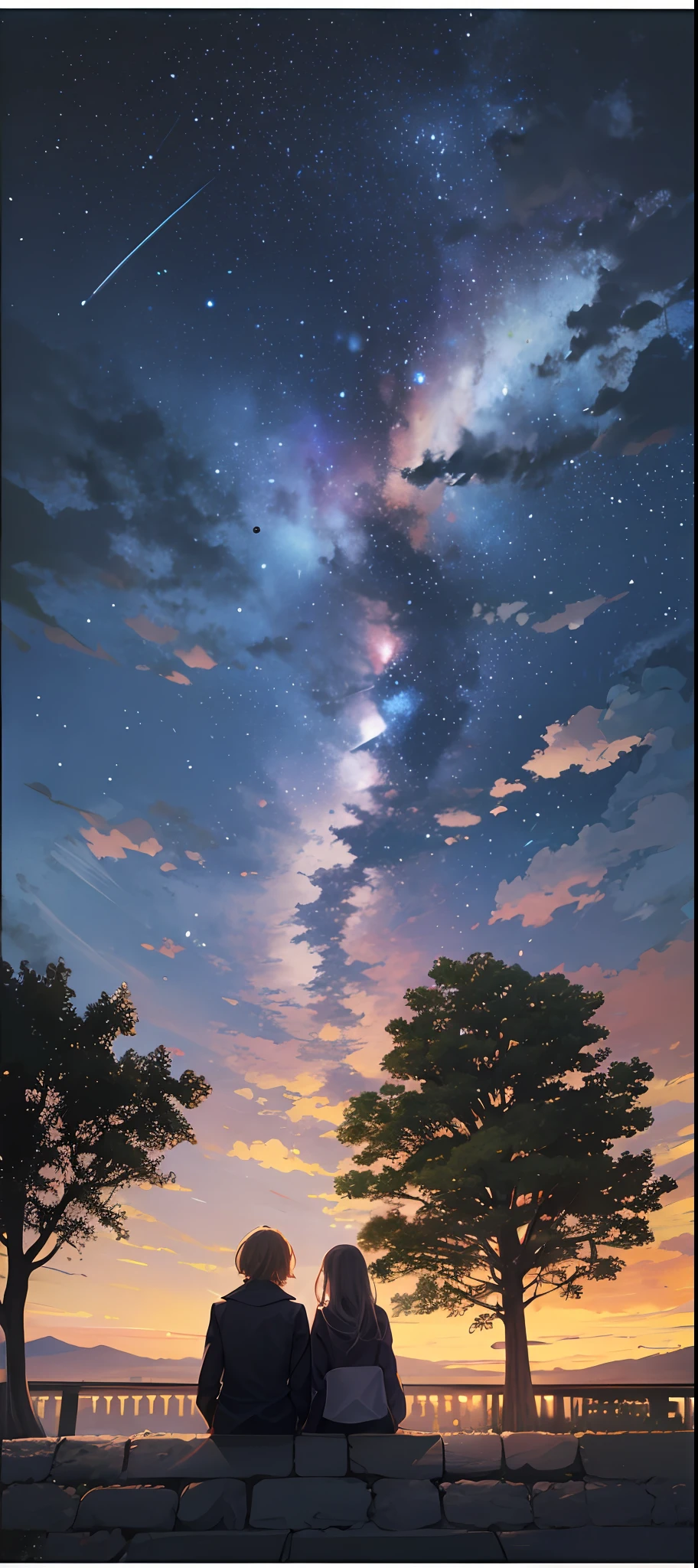 octane，skies，As estrelas（skies），scenecy，stary sky，Night，1 pair of men and women，night  sky，solo，cool，architectural，the clouds，the Milky Way，Sit，The tree，Long hair，miji，siluettes，townscape，late evening，The vastness is vast