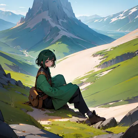 girl with short dark green hair sitting at the edge of the mountain