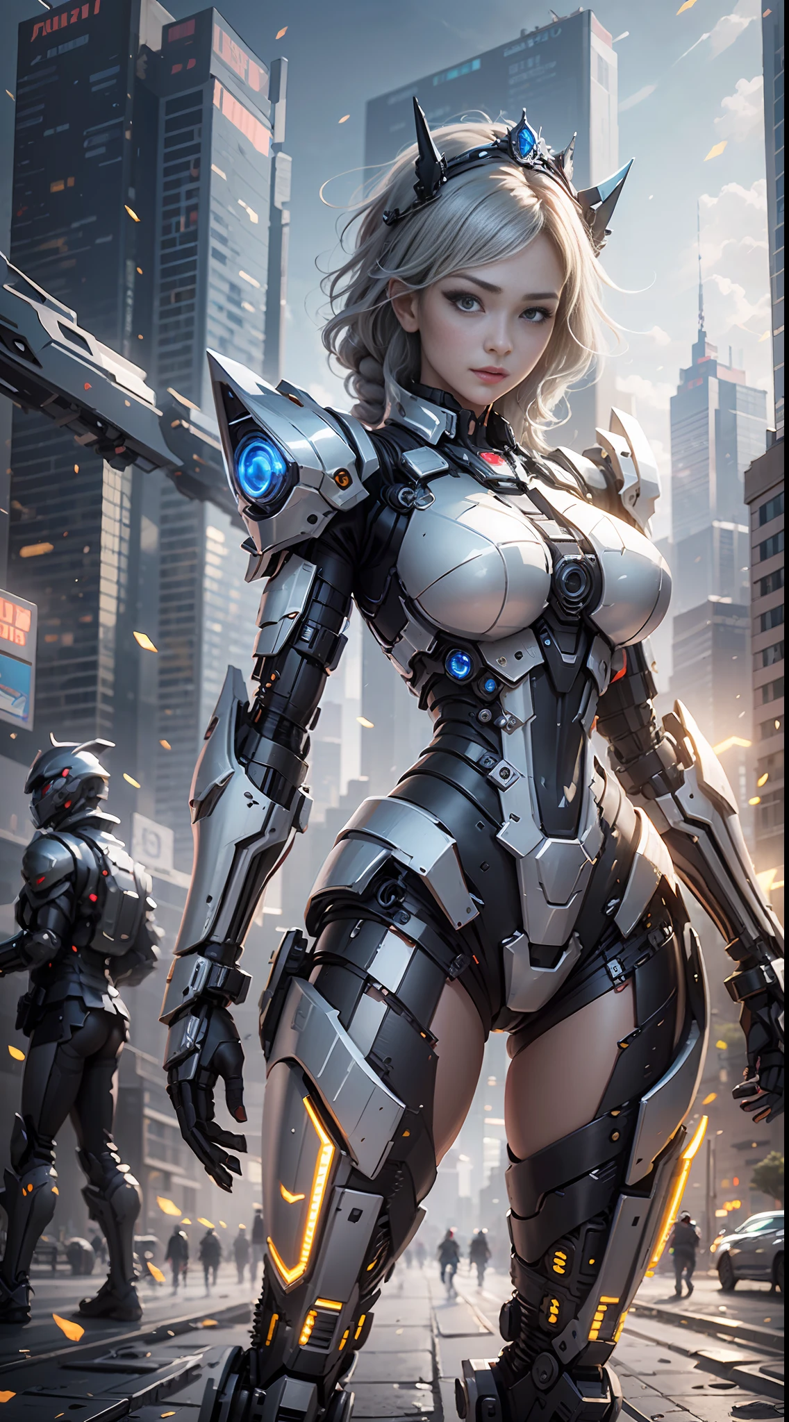 (Best Quality)), ((Masterpiece)), (Very Detailed: 1.3), 3D, master chef-mecha, Beautiful cyberpunk woman wearing crown, with master chef style armor, sci-fi technology, HDR (High Dynamic Range), ray tracing, nvidia RTX, super resolution, unreal 5, subsurface scattering, PBR texture, post-processing, anisotropic filtering, depth of field, maximum sharpness and sharpness, multi-layer texture, Specular and albedo mapping, surface shading, accurate simulation of light-material interactions, perfect proportions, octane rendering, duotone lighting, low ISO, red balance, rule of thirds, wide aperture, 8K RAW, high efficiency subpixels, subpixel convolution, light particles, light scattering, Tyndall effect, very sexy, full body, battle pose, silver hair with braids,