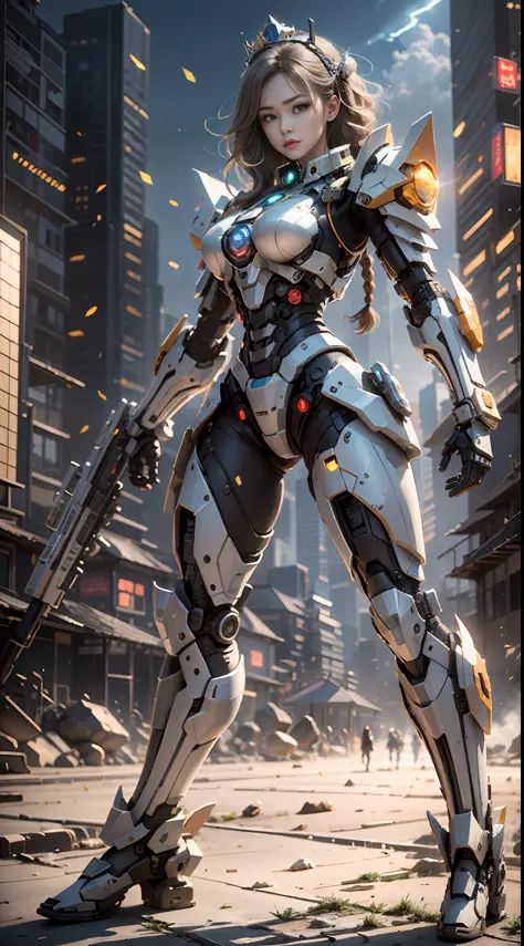 (Best Quality)), ((Masterpiece)), (Very Detailed: 1.3), 3D, master chef-mecha, Beautiful cyberpunk woman wearing crown, with master chef style armor, sci-fi technology, HDR (High Dynamic Range), ray tracing, nvidia RTX, super resolution, unreal 5, subsurface scattering, PBR texture, post-processing, anisotropic filtering, depth of field, maximum sharpness and sharpness, multi-layer texture, Specular and albedo mapping, surface shading, accurate simulation of light-material interactions, perfect proportions, octane rendering, duotone lighting, low ISO, red balance, rule of thirds, wide aperture, 8K RAW, high efficiency subpixels, subpixel convolution, light particles, light scattering, Tyndall effect, very sexy, full body, battle pose, silver hair with braids,