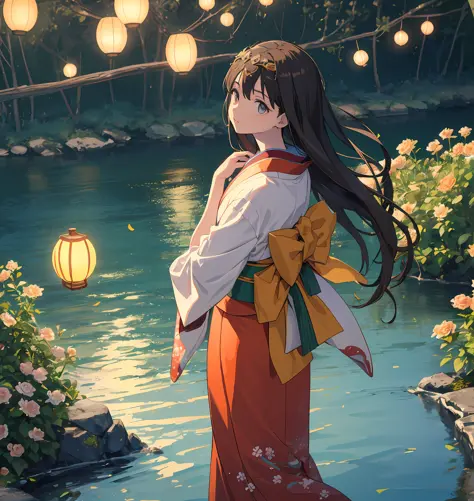 Generate a breathtaking 3D image in the style of MJ3D and Ghibli, inspired by the character 'Spirited Away' (Son/Chihiro) from the renowned Studio Ghibli film. The image should portray a young girl with long brown hair, adorned with a floral circlet. Elle ...