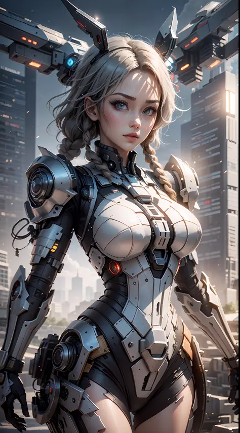 (Best Quality)), ((Masterpiece)), (Very Detailed: 1.3), 3D, master chef-mecha, Beautiful cyberpunk woman wearing crown, with master chef style armor, sci-fi technology, HDR (High Dynamic Range), ray tracing, nvidia RTX, super resolution, unreal 5, subsurface scattering, PBR texture, post-processing, anisotropic filtering, depth of field, maximum sharpness and sharpness, multi-layer texture, Specular and albedo mapping, surface shading, accurate simulation of light-material interactions, perfect proportions, octane rendering, duotone lighting, low ISO, red balance, rule of thirds, wide aperture, 8K RAW, high efficiency subpixels, subpixel convolution, light particles, light scattering, Tyndall effect, very sexy, full body, battle pose, silver hair with braids,