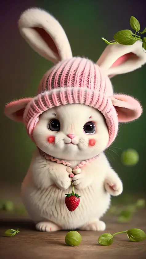 : 3. bunny, realistic, furry animal, apple, black eye, blush, cherry, food, fruit, full body, hat, non-human, strawberry, tomato, watermelon