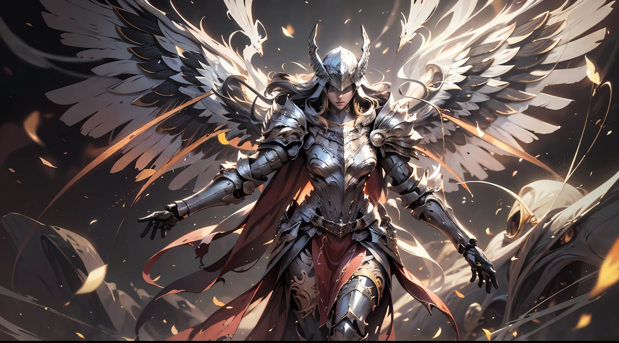 Cover of pure white Holy Spirit Archangel Valkyrie armor, red cape swaying in the wind, battle stance diagram, helmet covering eyes, mechanical six-winged holy light wings, fluttering effect, realistic effect, radiation, close-up, 3D, chiaroscuro, luminescence, ray tracing, reflected light, masterpiece, UHD, award-winning, high resolution, highest definition and clarity, panorama