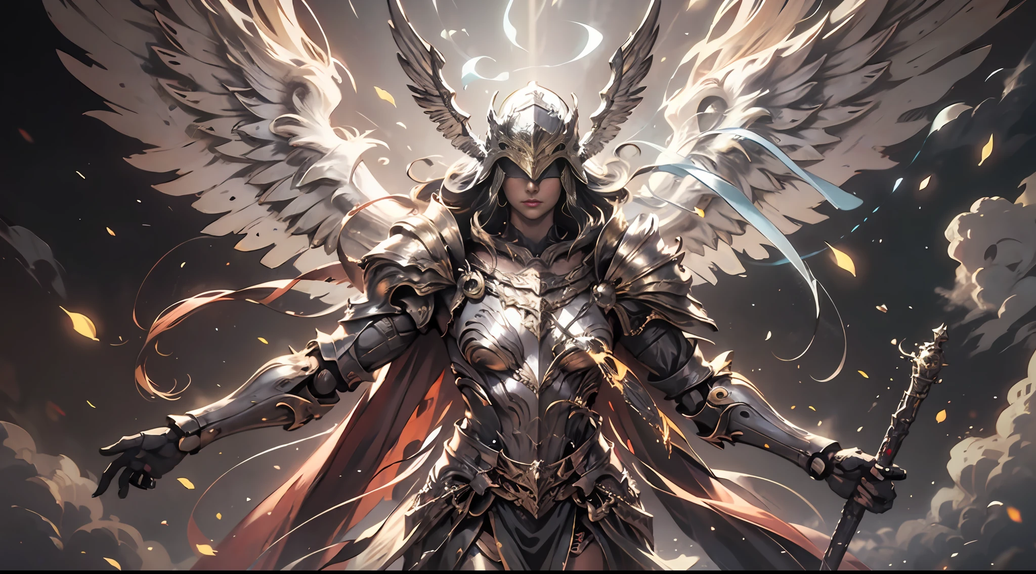 Cover of pure white Holy Spirit Archangel Valkyrie armor, red cape swaying in the wind, battle stance diagram, helmet covering eyes, mechanical six-winged holy light wings, fluttering effect, realistic effect, radiation, close-up, 3D, chiaroscuro, luminescence, ray tracing, reflected light, masterpiece, UHD, award-winning, high resolution, highest definition and clarity, panorama