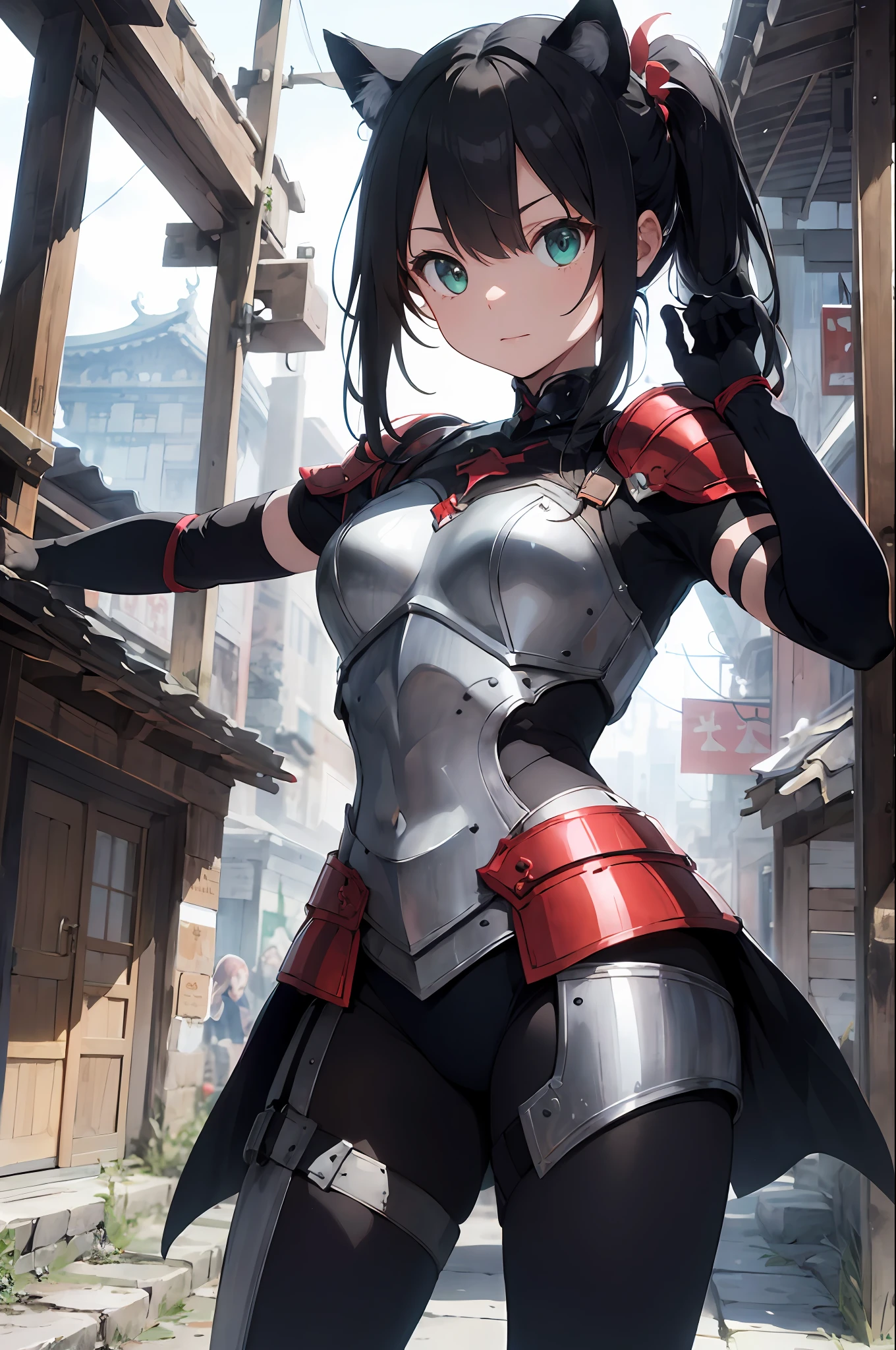 (Style Princess:0.8), Cat-eared Beauty, Small Tits, 1 Girl, ((Armor))Armor Princess, (Rich Green and Black and Red and Silver), ((Temple)), Slim, (Elbow Gloves) Masterpiece, High Contrast, Ultra Detail, Top Quality, Ultra High Definition, High Definition, Details