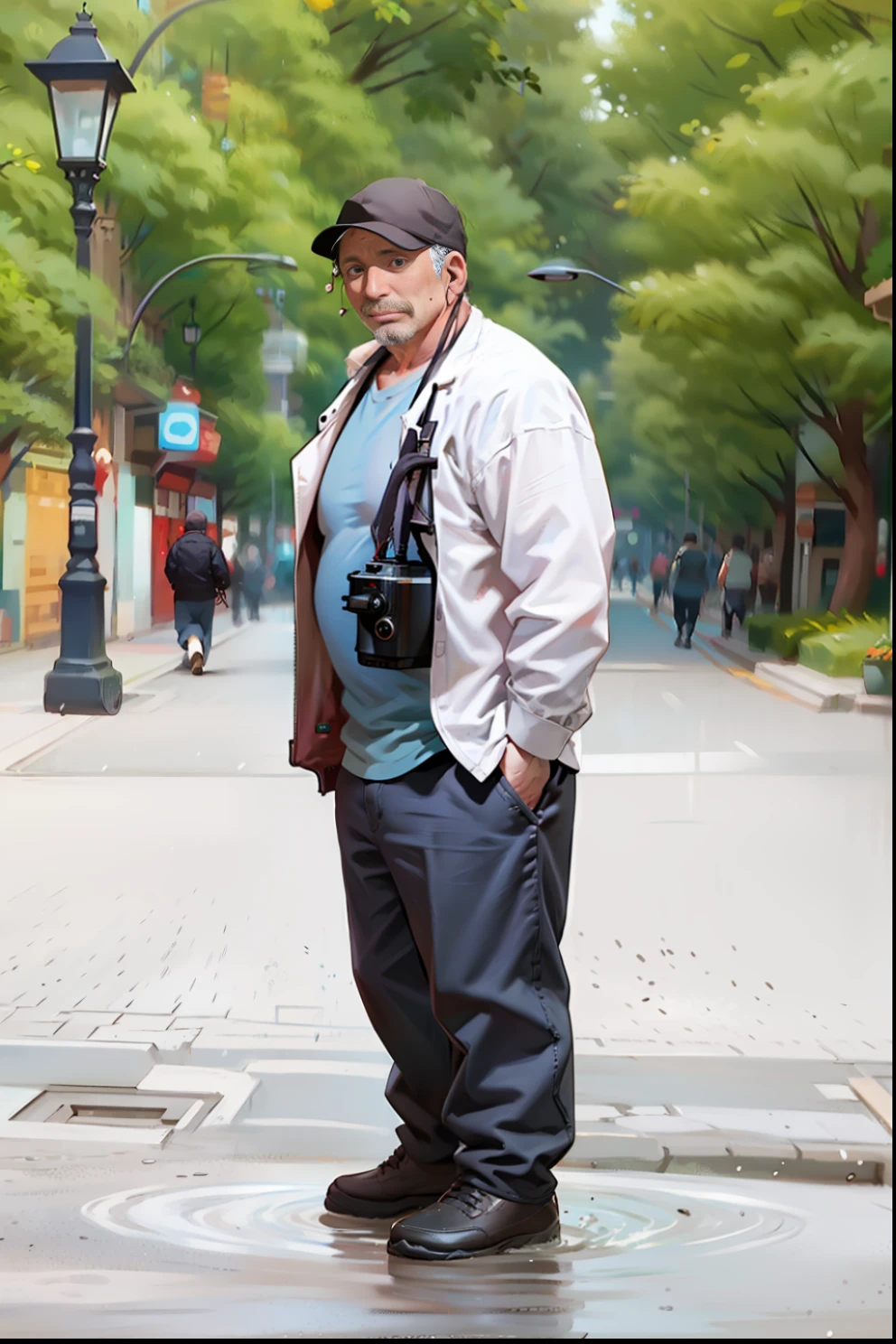 50-year-old man, sonríendo, Camera hanging from the neck, plaza publica