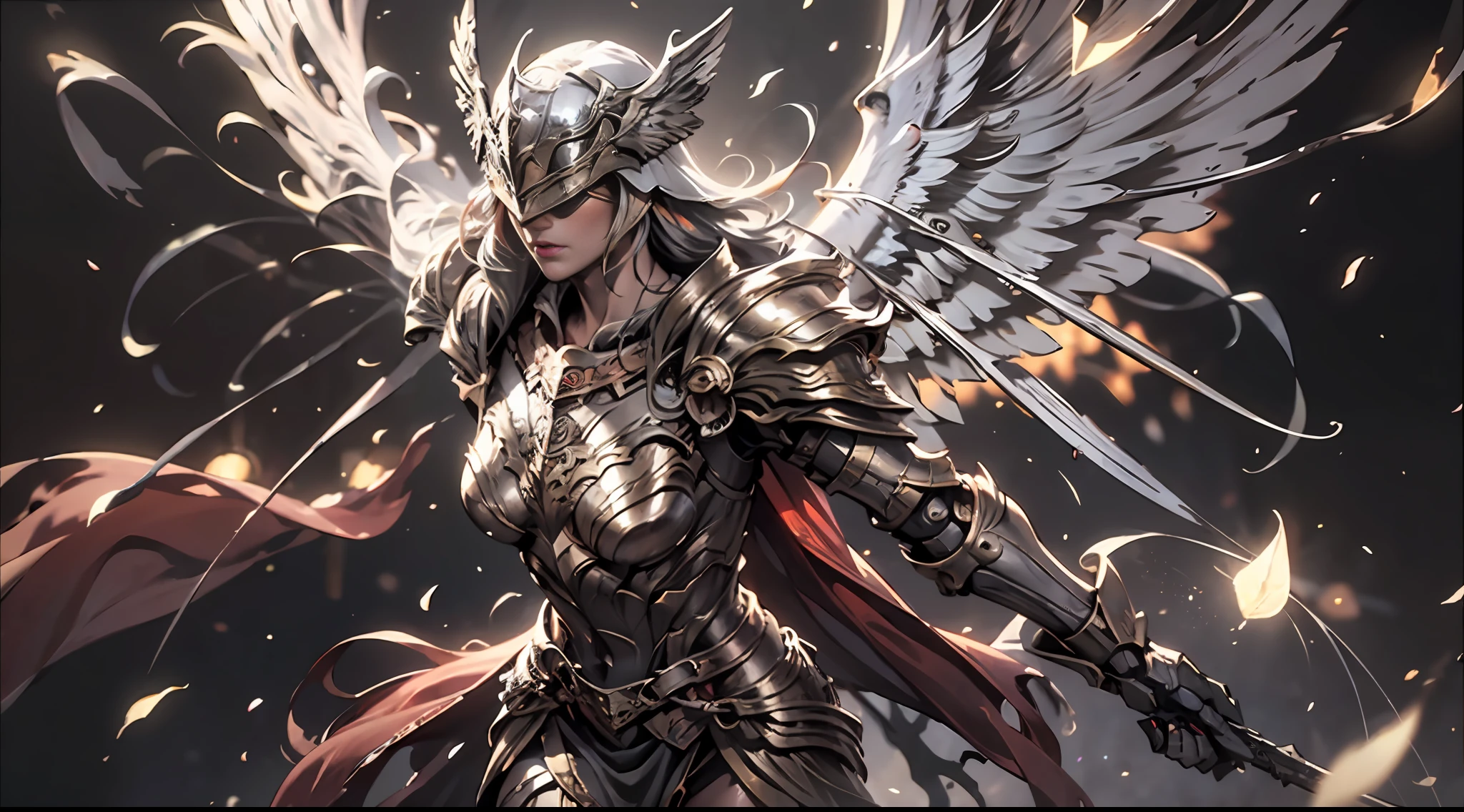 Cover of pure white Holy Spirit Archangel Valkyrie armor, red cape swaying in the wind, battle stance diagram, helmet covering eyes, mechanical six-winged holy light wings, fluttering effect, realistic effect, radiation, close-up, 3D, chiaroscuro, luminescence, ray tracing, reflected light, masterpiece, UHD, award-winning, high resolution, highest definition and clarity, panorama