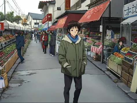 A anime boy in the middle of the city behind the local markets crowded with people