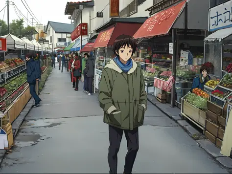 a anime boy in the middle of the city behind the local markets crowded with people