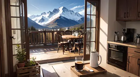 coffee machine in kitchen, mountains outside window