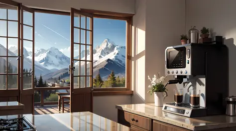 coffee machine in kitchen, mountains outside window