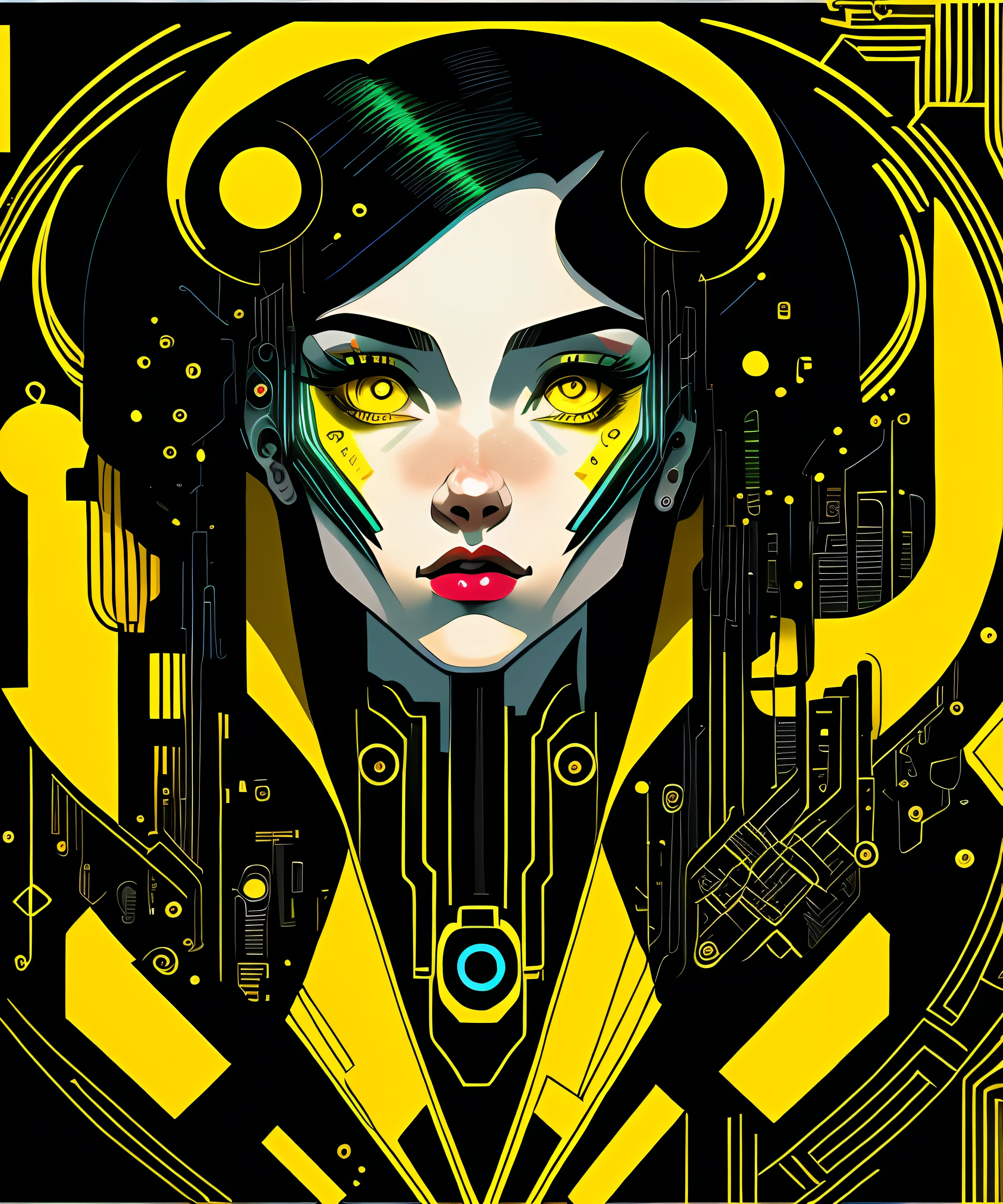 (masterpiece, 4k ,ultra detailed,raw photo:1.2),illustration,
(1woman:1),
(simple background:black and yellow background1.4),
(symmetry:1.2),
(art deco:1.4),
(retro-futuristic:1.4),
(minimalism:1.4),
(clean:1.4),
(flat_color:1.4),
(cyberpunk,android:1.4),
CCDDA Artstyle
