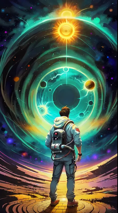 a man standing in front of a space portal with a view of the sun, cyril rolando and goro fujita, portal to another universe, ins...