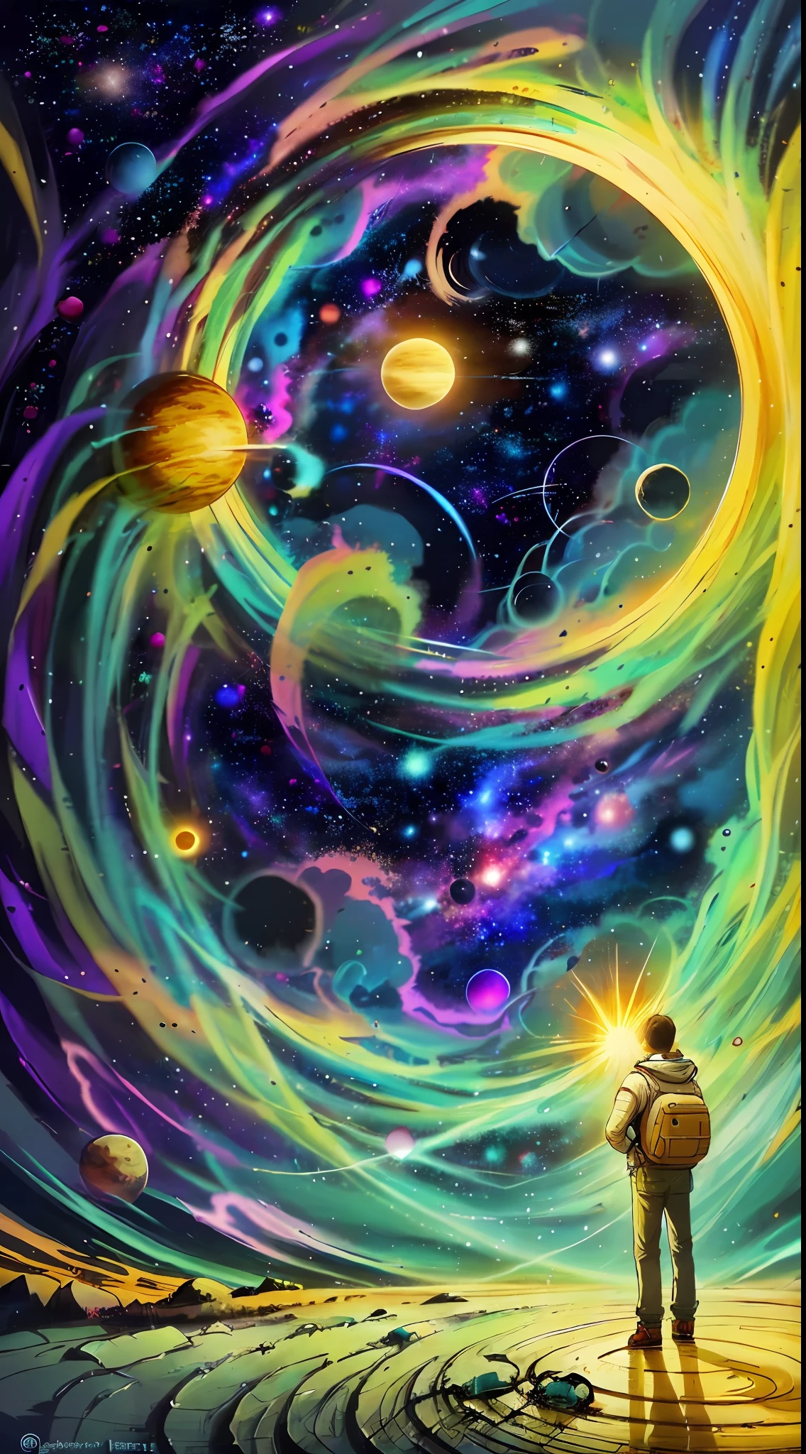 person, standing in front of a space portal overlooking the sun, Cyril Rolando and Goro Fujita, A portal to another universe, inspired by Cyril Rolando, Portal to another dimension, world, visible only through the portal, high quality fantasy stock photo, Portal to another world, Portal to outer space, in the style of Cyril Rolando,  Looking into space, universe, Magical Galactic Portal, The Cycle of the Stars, God